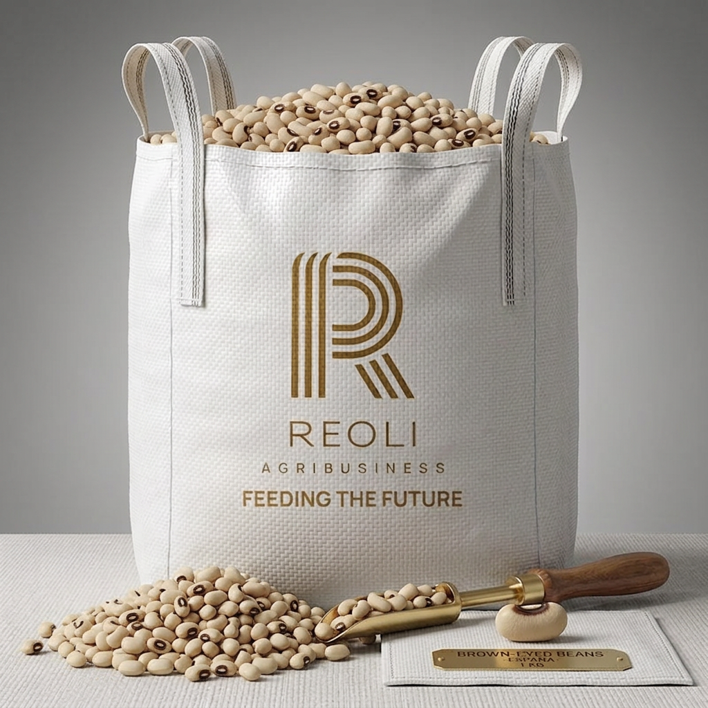 Change the product from white rice to brown-eyed beans (alubias de ojo marrón), keeping the 3D rendering style and REOLI branding.