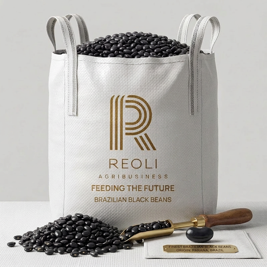 Create a professional 3D product rendering of Brazilian black beans in a REOLI branded bag, using the provided REOLI bag image as a style reference.
