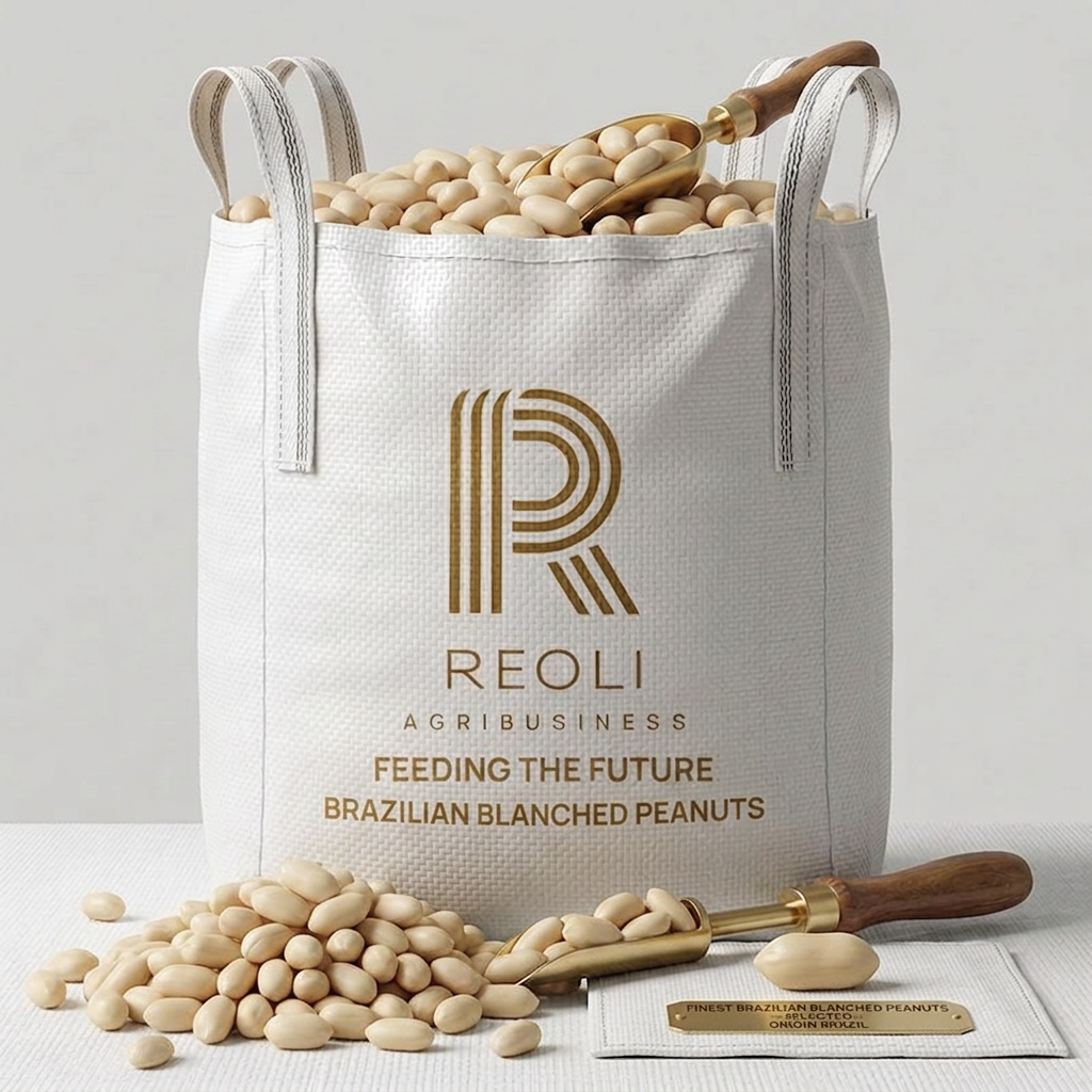 Create a professional 3D product rendering of Brazilian blanched peanuts in a REOLI branded bag, using the provided REOLI bag image as a style reference.