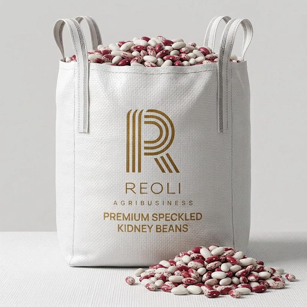 Create a professional 3D product rendering of a single bag of white speckled kidney beans, using the REOLI brand style as a reference.