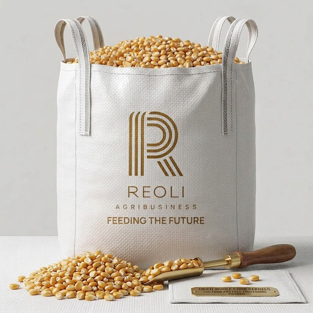 Create a professional 3D product rendering of corn kernels in a REOLI branded bag, using the provided REOLI bag image as a style reference.