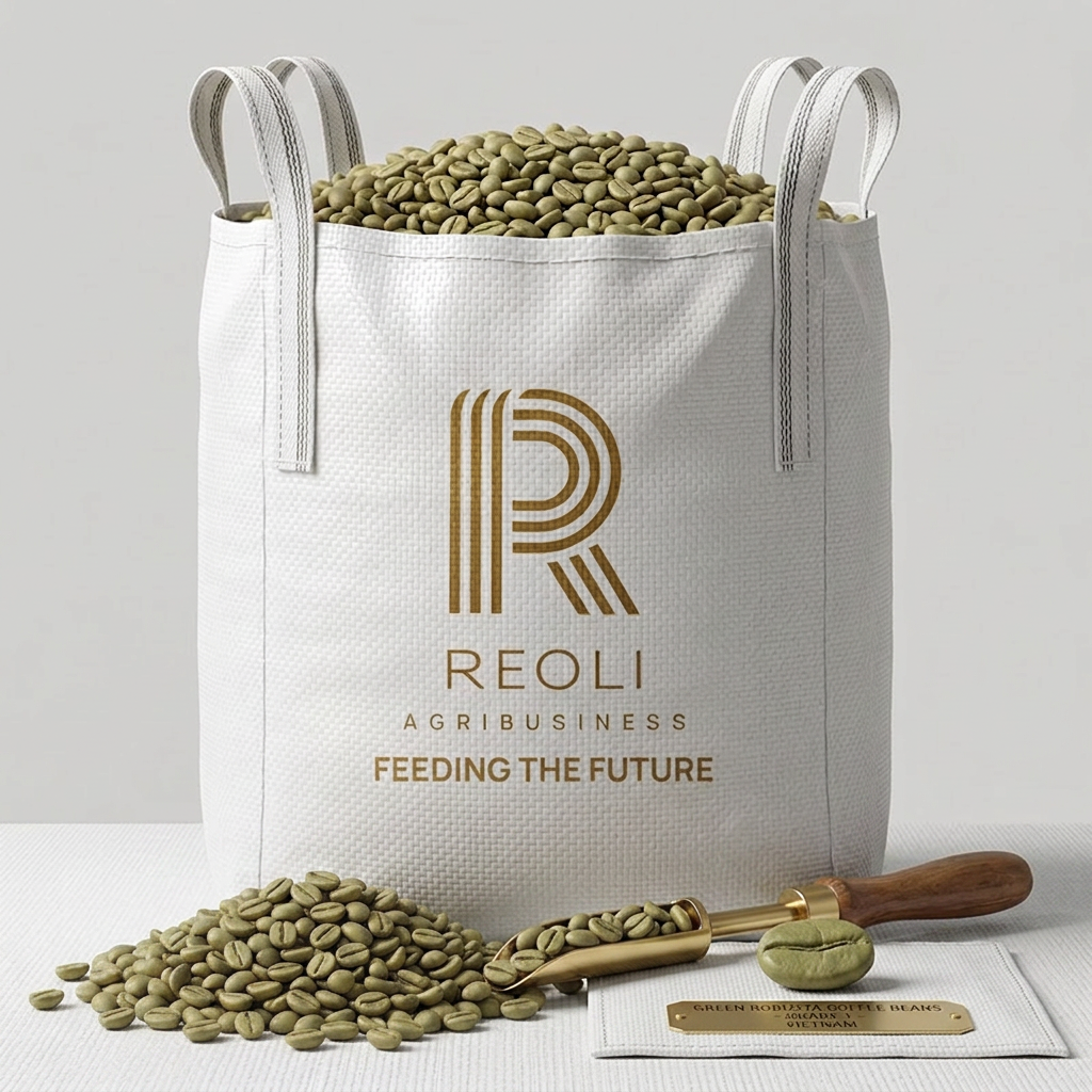 Create a professional 3D product rendering of raw green Robusta coffee beans, using the provided REOLI bag image as a style reference.